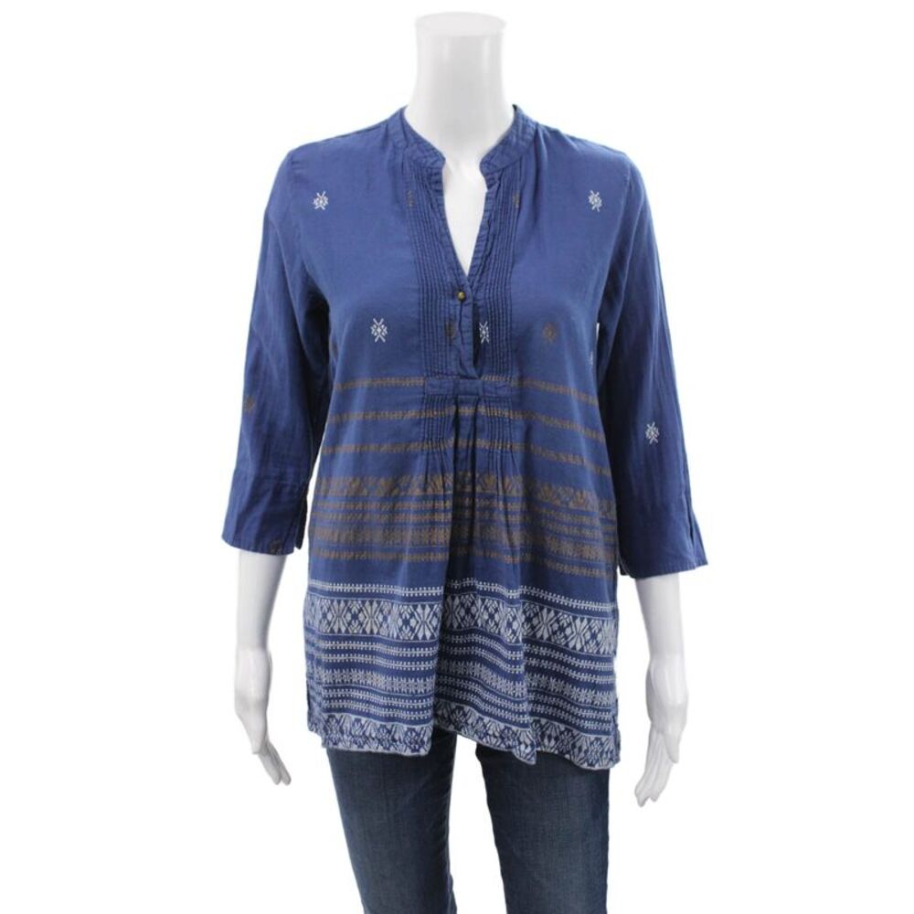Roberta Roller Rabbit Women Tunic Blue V-Neck Cotton Button 3/4 Sleeve Size S